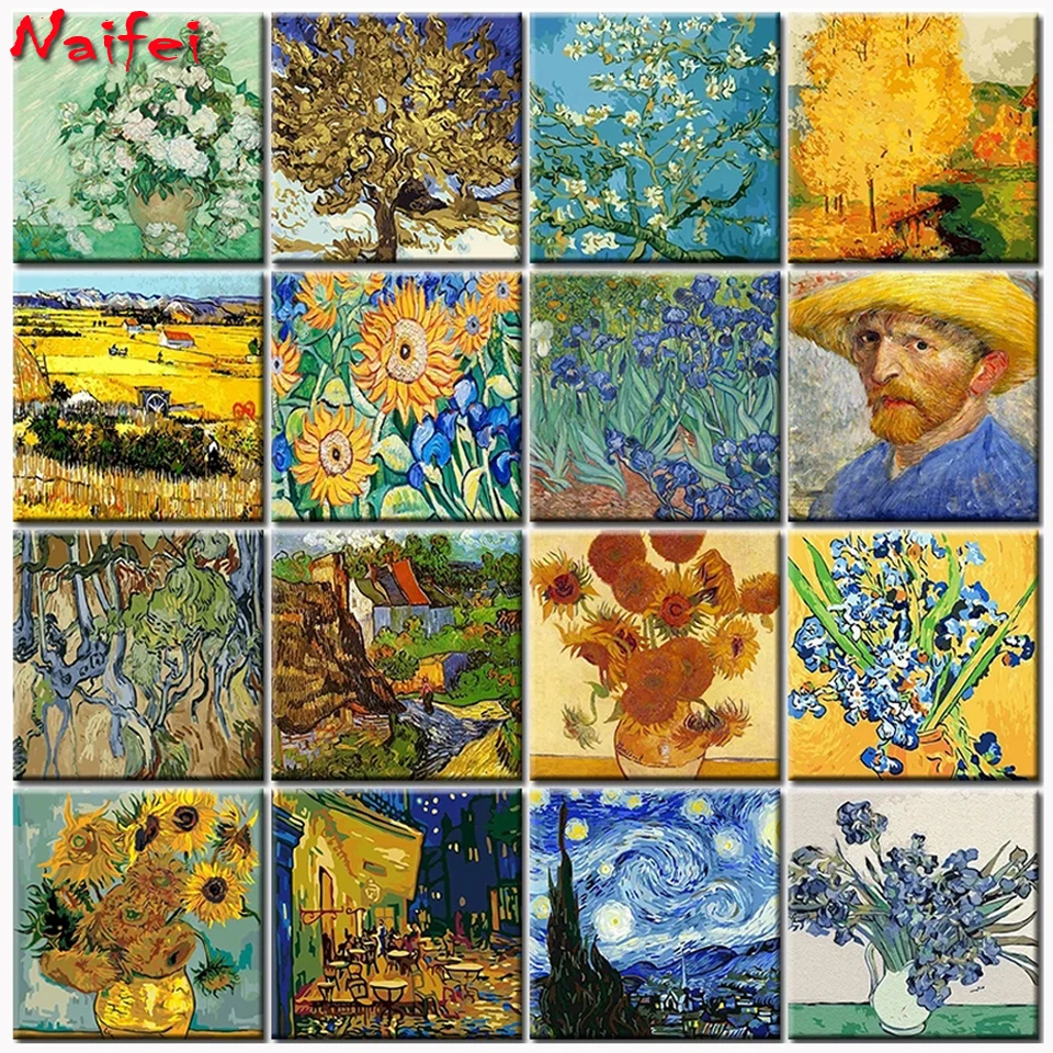 Van Gogh arta Celebre Diamante Pictura Flori cruciulițe Kituri Iris Floarea-soarelui, Peisaj Burghiu Plin de Broderie Mozaic Decor Acasă