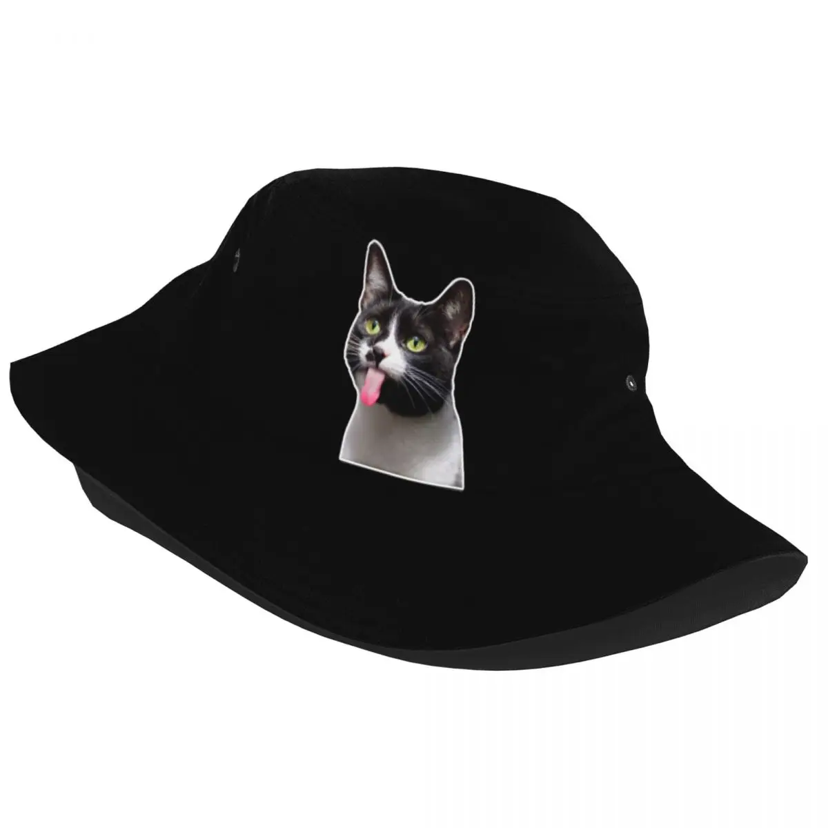 Moda Amuzant Pisica Neagră Găleată Pălărie Femei Bărbați Limba Roz Plaja Soarele De Vară Șapcă De Pescar