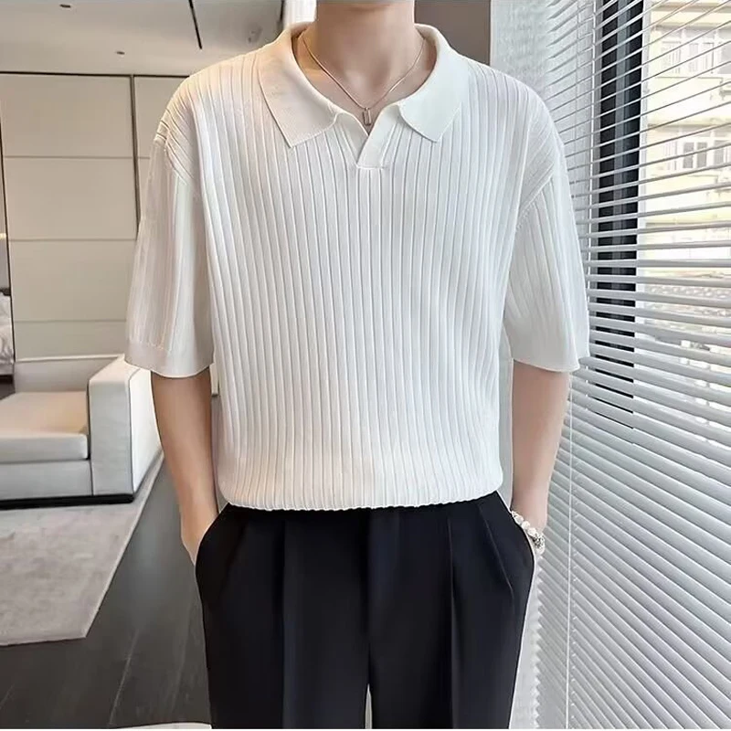 Tricou Polo barbati 2023 Harajuku coreean de Top Tricotate Primăvară-Vară pentru Tineret de Moda de Înaltă Calitate V-neck Teuri Tricotaje Pentru Bărbați Îmbrăcăminte