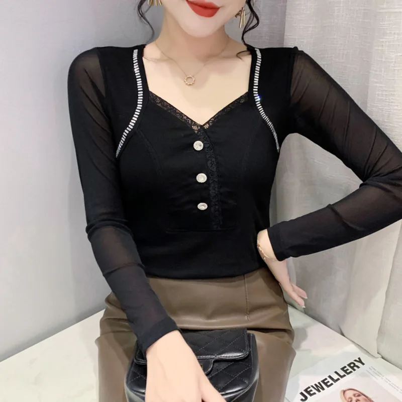 Perspectivă negru cu Maneci Lungi Tricou Femei V-neck Butoane Strâns Sexy T-shirt Femme Stil coreean Tricou Femme Primavara