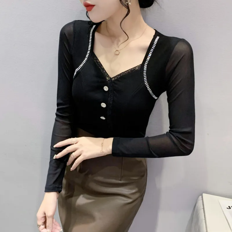 Perspectivă negru cu Maneci Lungi Tricou Femei V-neck Butoane Strâns Sexy T-shirt Femme Stil coreean Tricou Femme Primavara