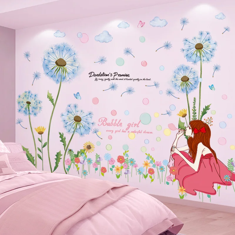 [shijuekongjian] Fată de Desene animate Bule de Autocolante de Perete DIY Flori de Papadie Decalcomanii de Perete pentru Copii Dormitor Camera de zi de Decorare