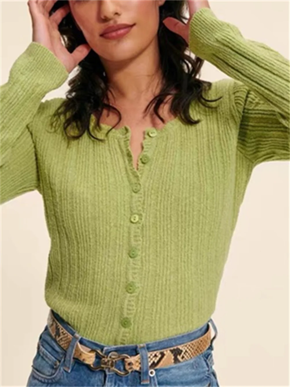 Femeile Intindere Verde Pulover Singur Pieptul Proaspete Maneca Lunga Femei O-neck Cardigan Tricotate 2023 Primăvară